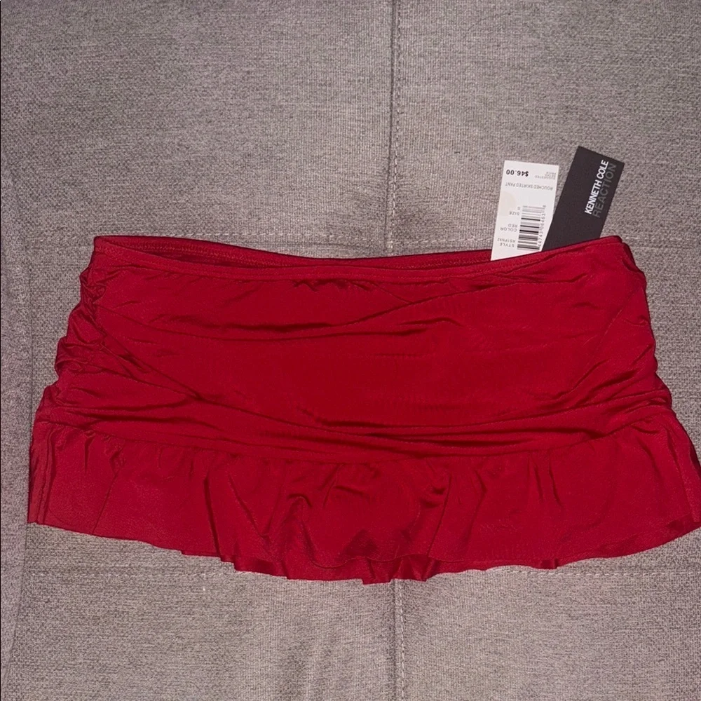 Kenneth Cole Reaction: Red Ruched Ruffle Skirted Bikini Bottom - Size Small - Picture 2 of 7